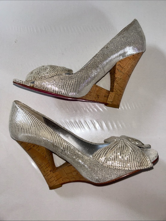 Betsey Johnson Shoes - Betsey Johnson Florence Silver Bow Peep Toe Wedges - Metallic Textured